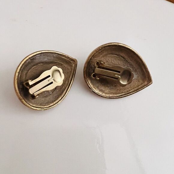 Vintage Galleria Gripoix Glass Earrings Cabochon Clip On Blue Gold Teardrop 4615 - Picture 10 of 11